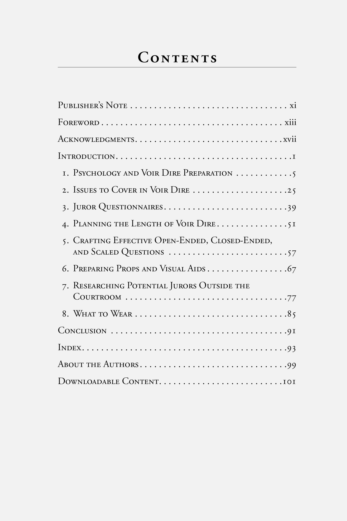 Table of Contents for Preparing for Voir Dire