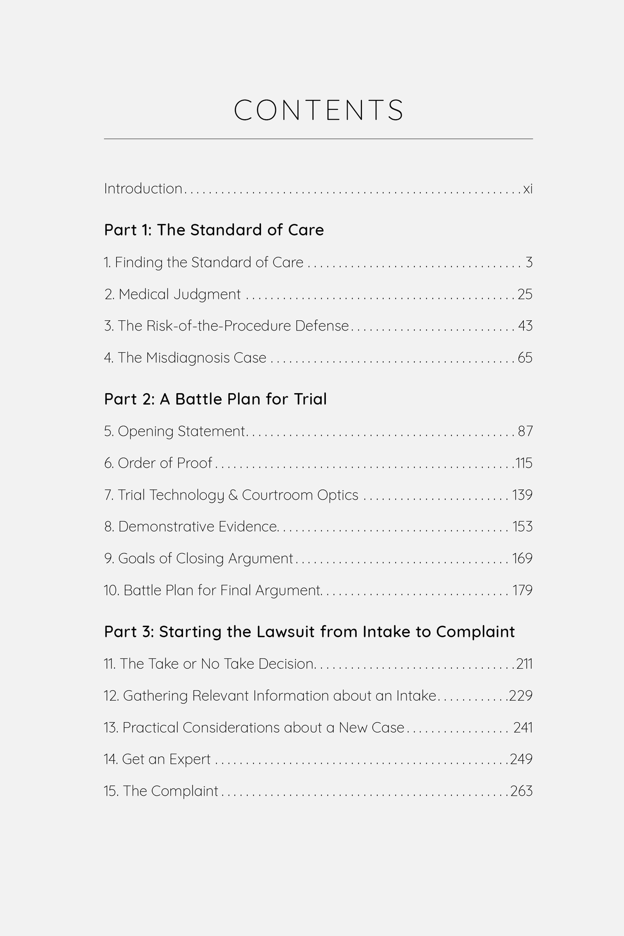 Table of Contents for The Medical Malpractice Trial