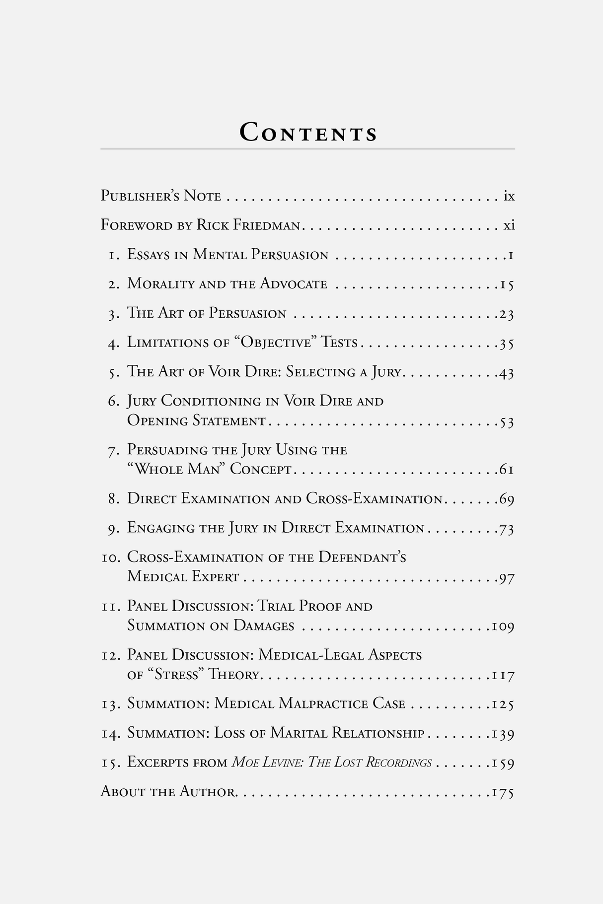 Table of Contents for Moe Levine on Advocacy II