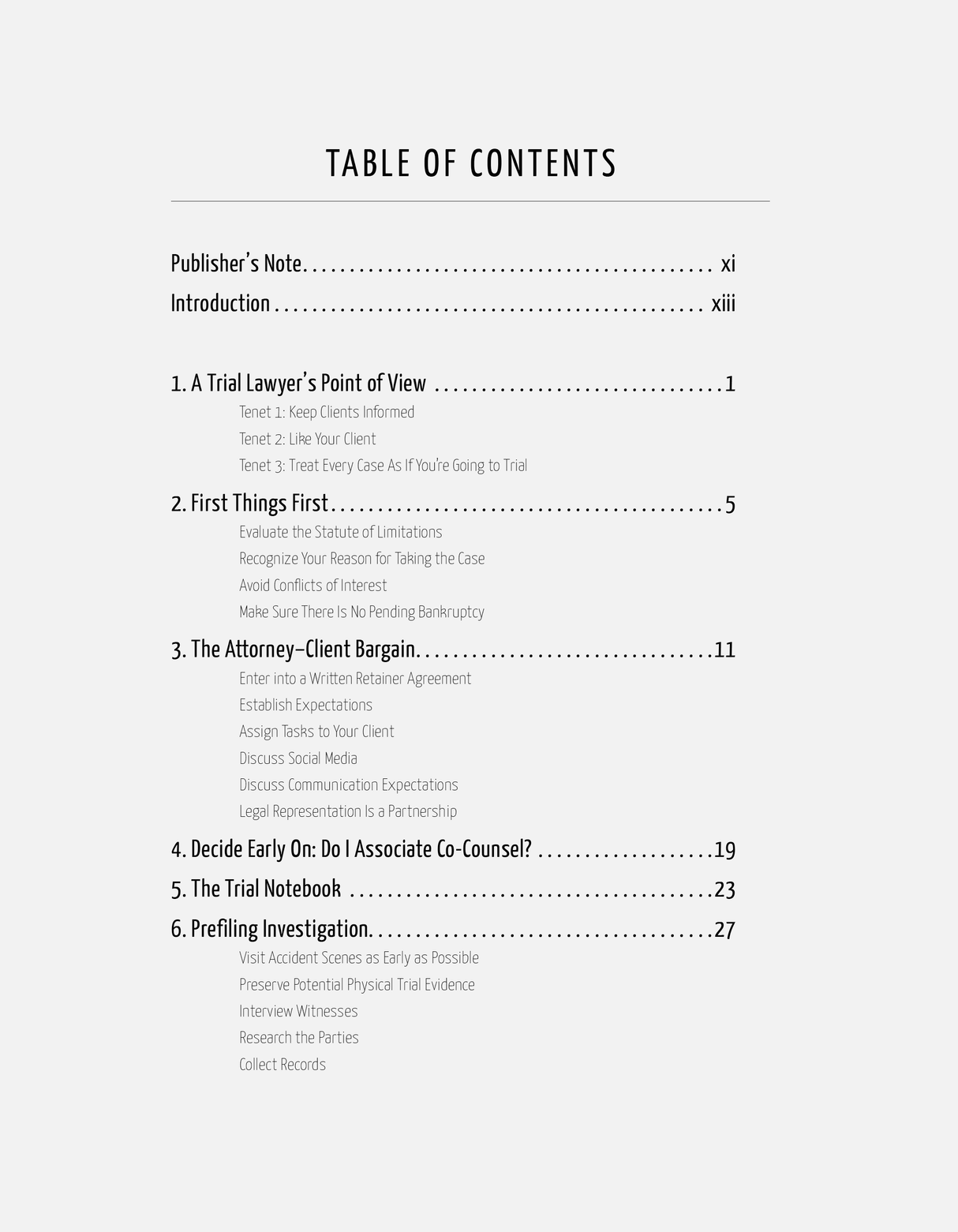 Table of Contents for The Plaintiff Lawyer's Playbook